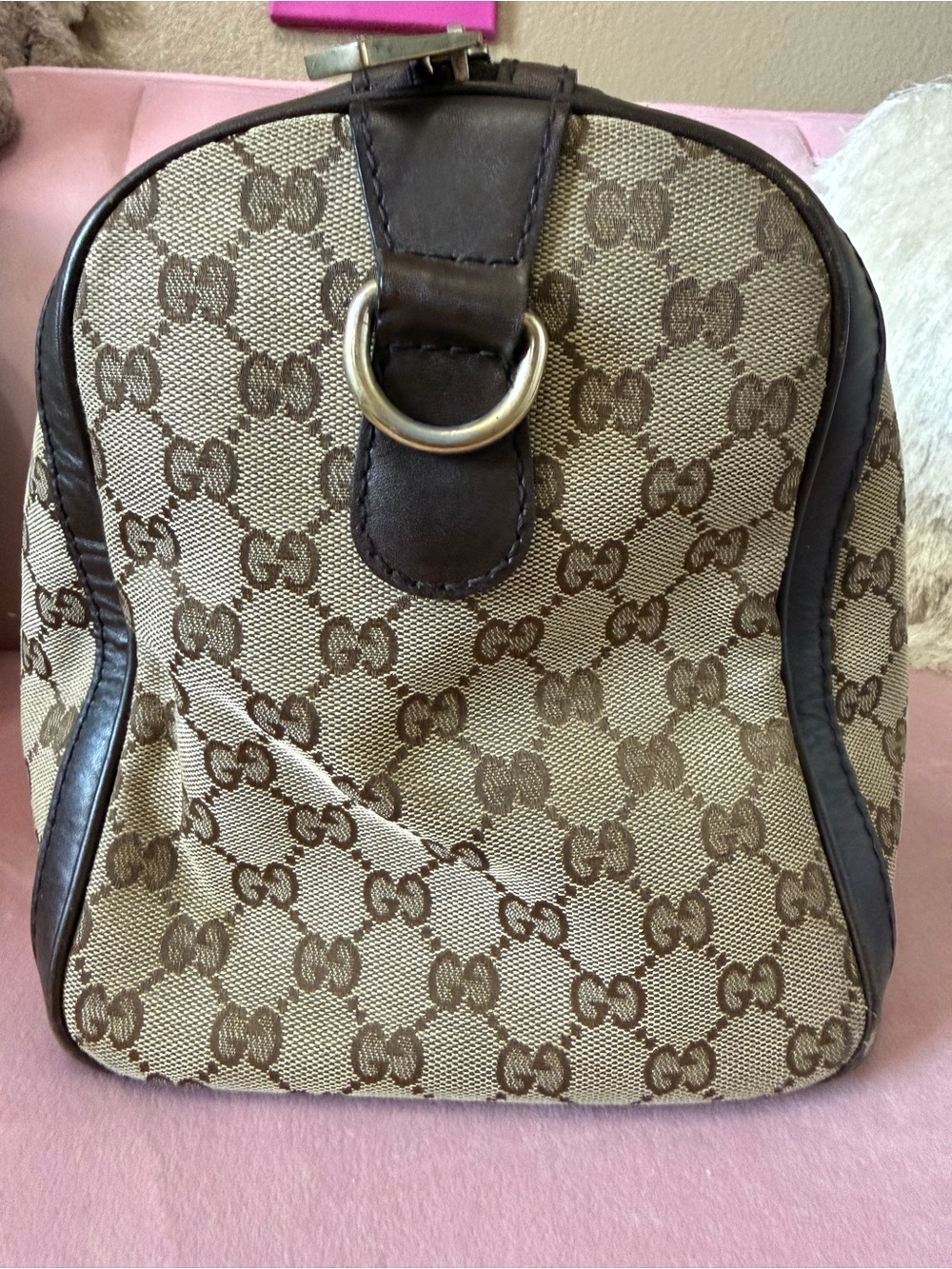 💯Auth! GUCCI Mono Canvas Boston Bag Green & Red Web Sherry Stripe Gold Hardware - Picture 16 of 17